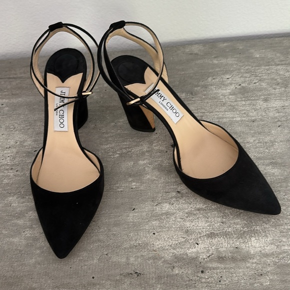 Jimmy Choo Black Suede Block Heels Ankle Strap Pointed Toe Shoes Size 39 1/2 - Picture 2 of 10